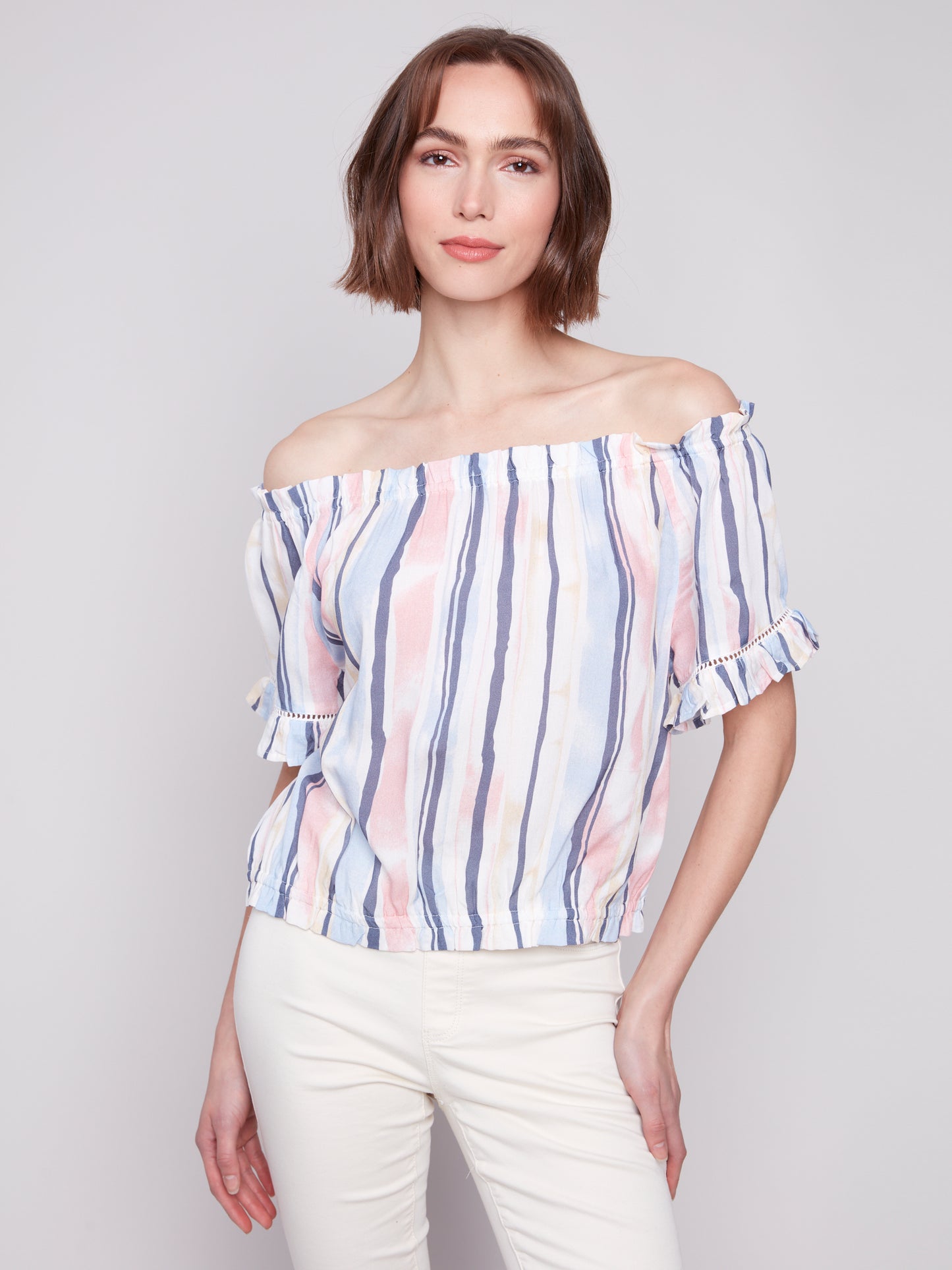 Charlie B Spring/Summer 2025-C4554P-P194-Printed Short Sleeves Peasant Blouse-Nautical - The Coach Pyramids