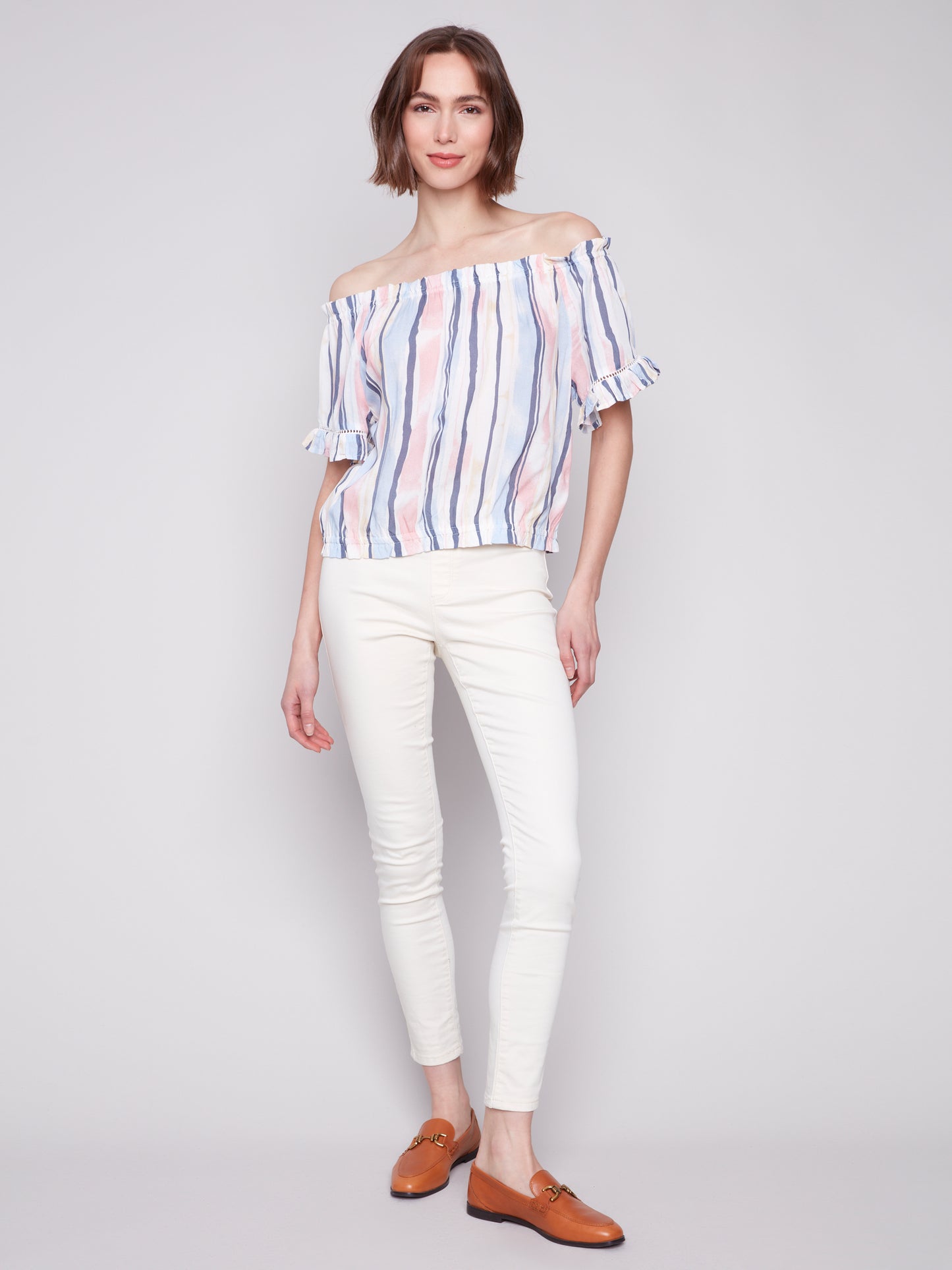 Charlie B Spring/Summer 2025-C4554P-P194-Printed Short Sleeves Peasant Blouse-Nautical - The Coach Pyramids
