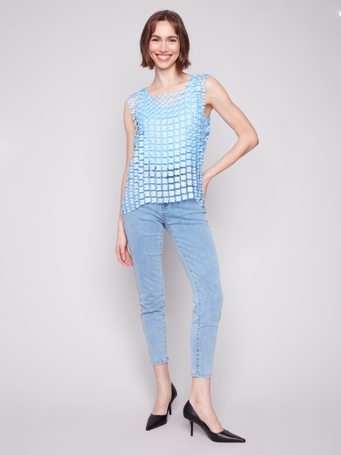 Charlie B Spring/Summer 2025-C4560-P239-Crochet Sleeveless Square Neck Top-Blue Bell - The Coach Pyramids