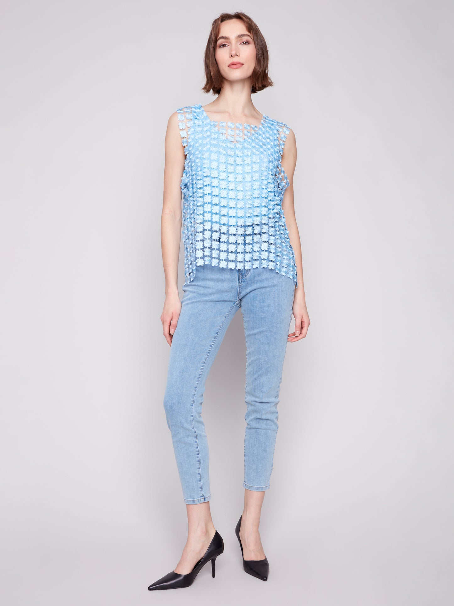 Charlie B Spring/Summer 2025-C4560-P239-Crochet Sleeveless Square Neck Top-Blue Bell - The Coach Pyramids