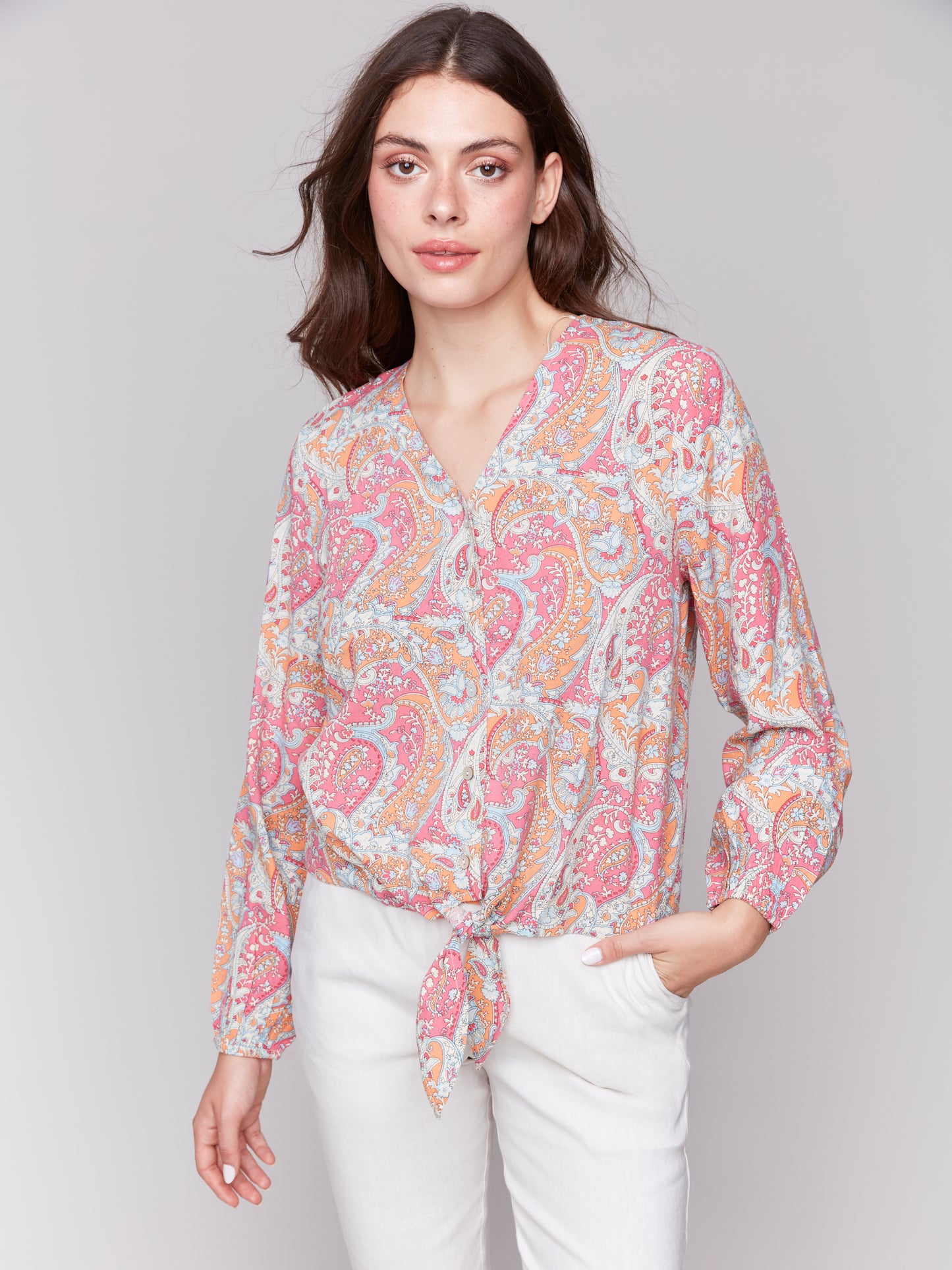 Charlie B Spring/Summer 2025-C4564P-P622-Long Sleeve Blouse W/Front Tie-Paisley - The Coach Pyramids