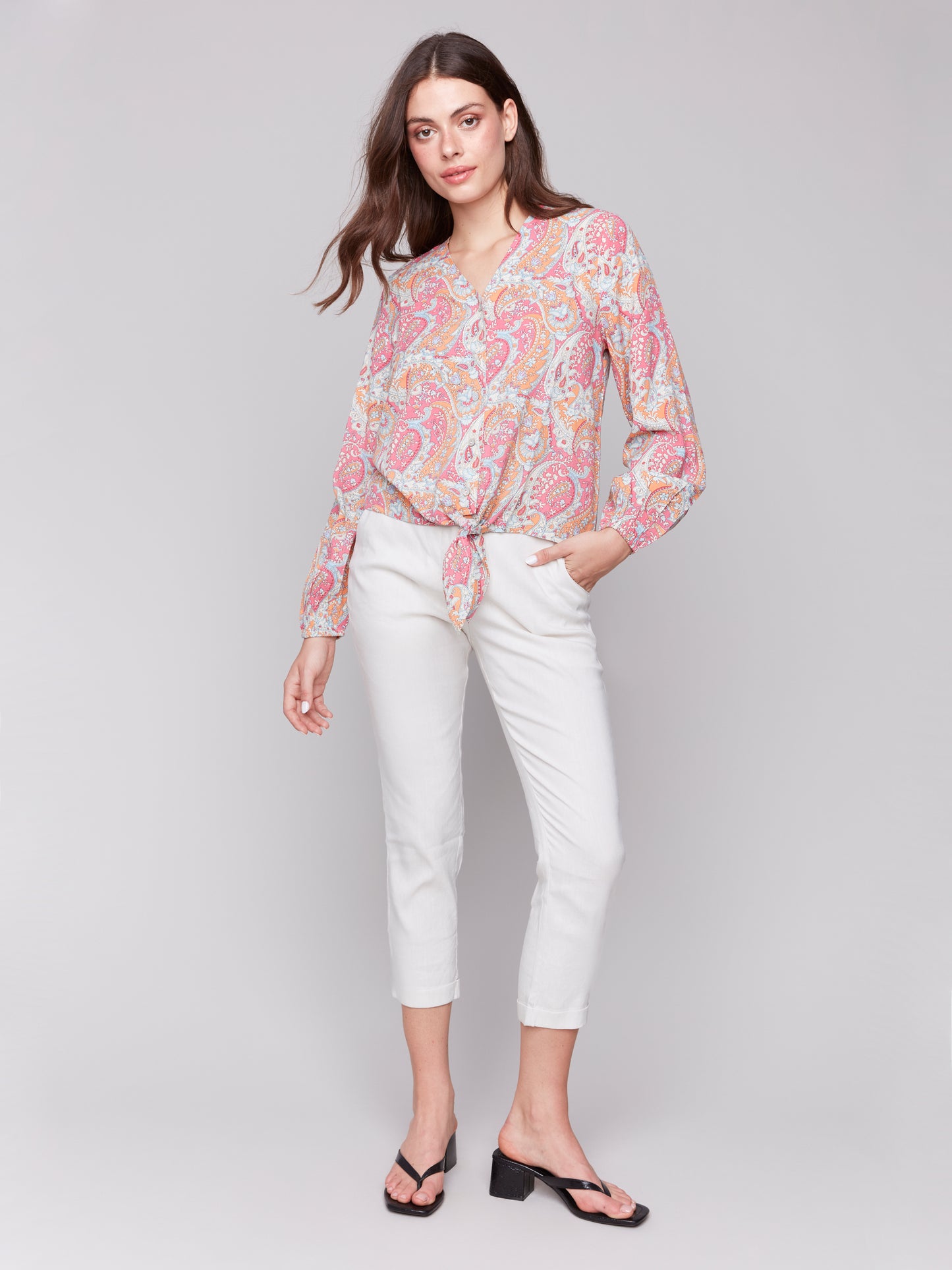 Charlie B Spring/Summer 2025-C4564P-P622-Long Sleeve Blouse W/Front Tie-Paisley - The Coach Pyramids