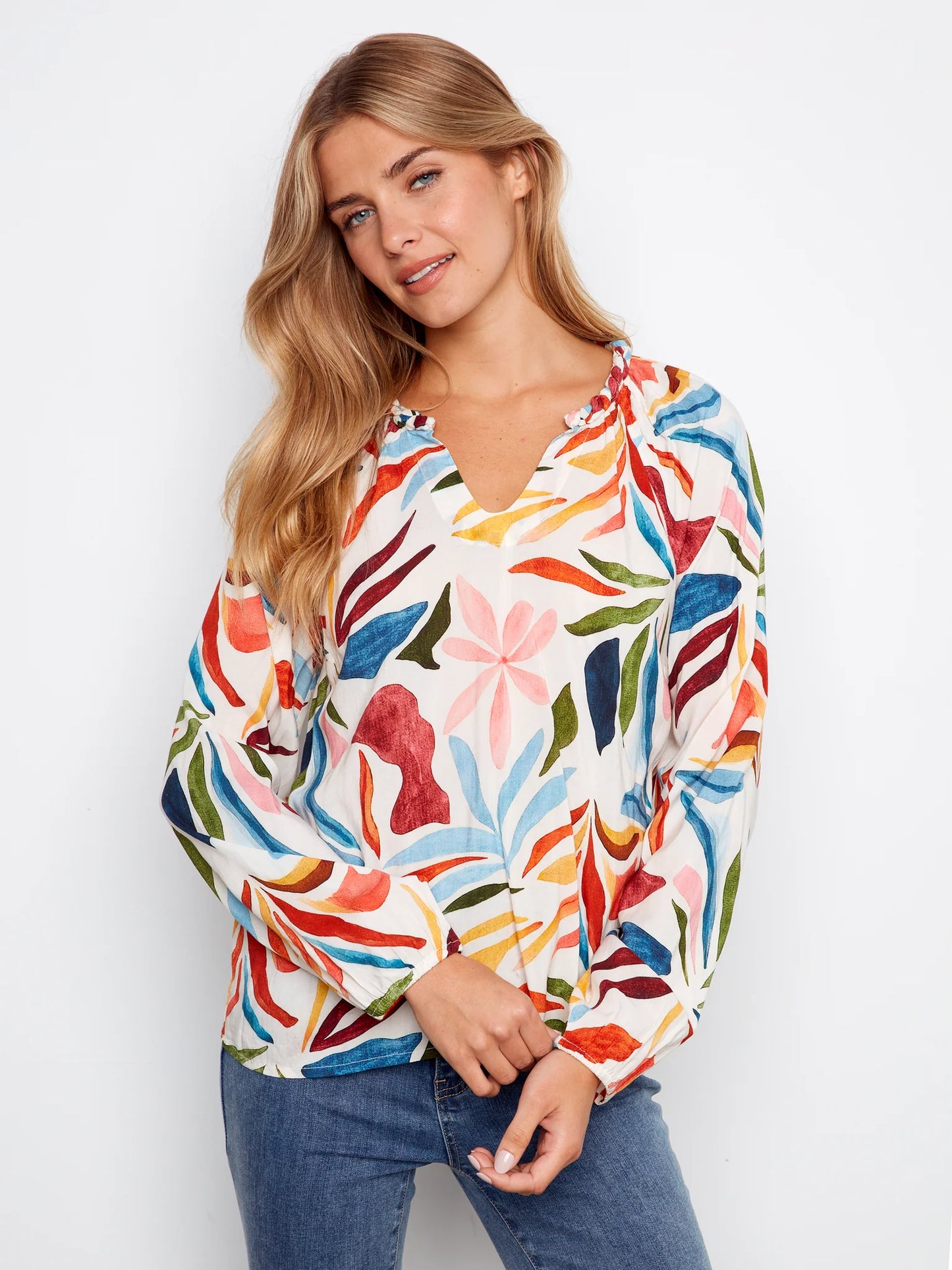 Charlie B-C4570DR-P097-Printed Raglan Long Sleeve Popover-Solstice - The Coach Pyramids