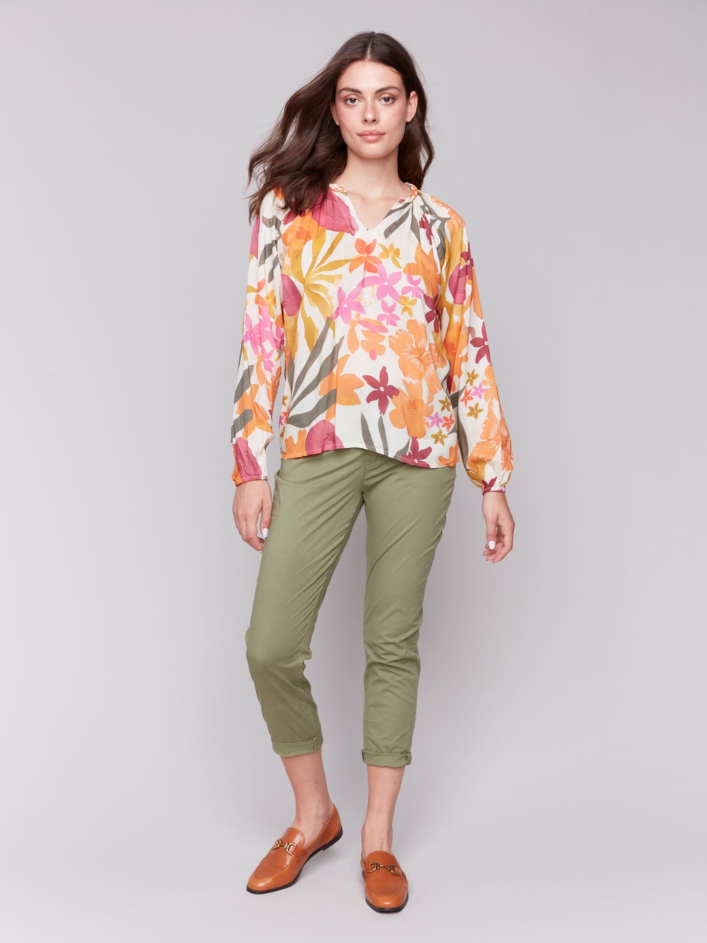 Charlie B Spring/Summer 2025-C4570D-P490-Printed Raglan Long Sleeves Popover Blouse-Bouquet - The Coach Pyramids