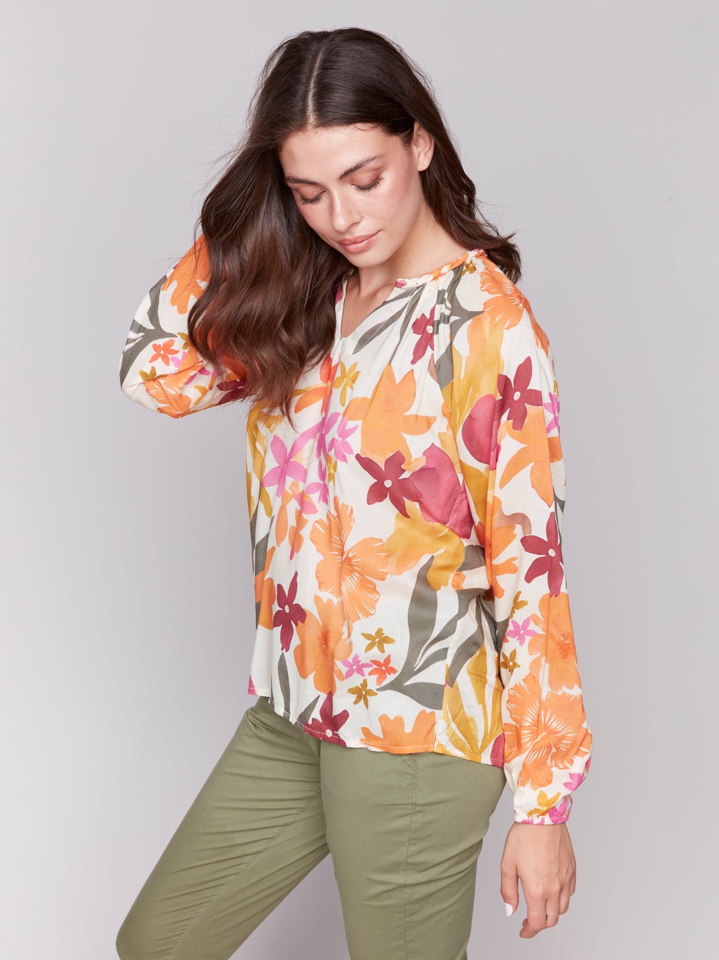 Charlie B Spring/Summer 2025-C4570D-P490-Printed Raglan Long Sleeves Popover Blouse-Bouquet - The Coach Pyramids