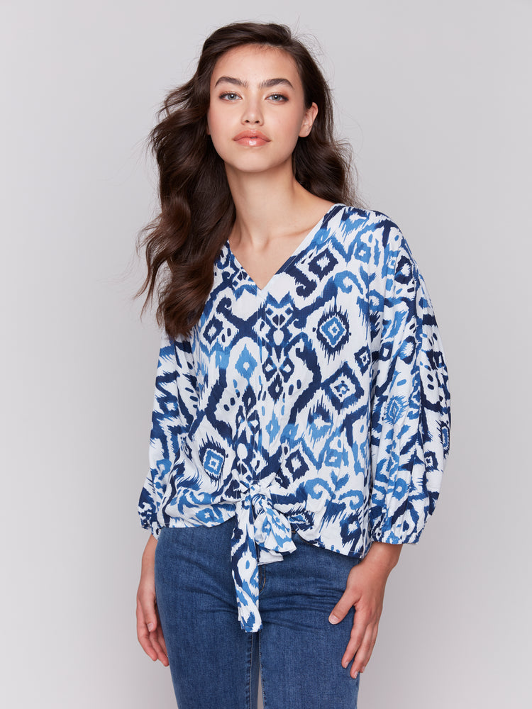 Charlie B Spring/Summer 2025-C4579P-P630-Printed Bat Sleeves Popover Blouse W/Front Ties-Ikat