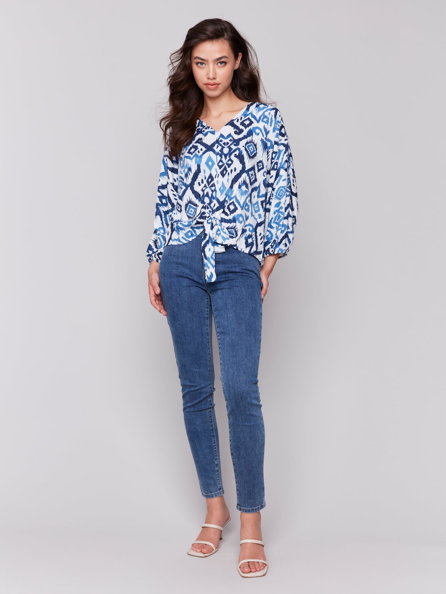 Charlie B Spring/Summer 2025-C4579P-P630-Printed Bat Sleeves Popover Blouse W/Front Ties-Ikat - The Coach Pyramids