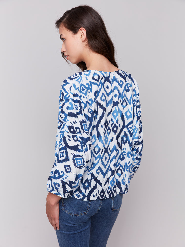 Charlie B Spring/Summer 2025-C4579P-P630-Printed Bat Sleeves Popover Blouse W/Front Ties-Ikat