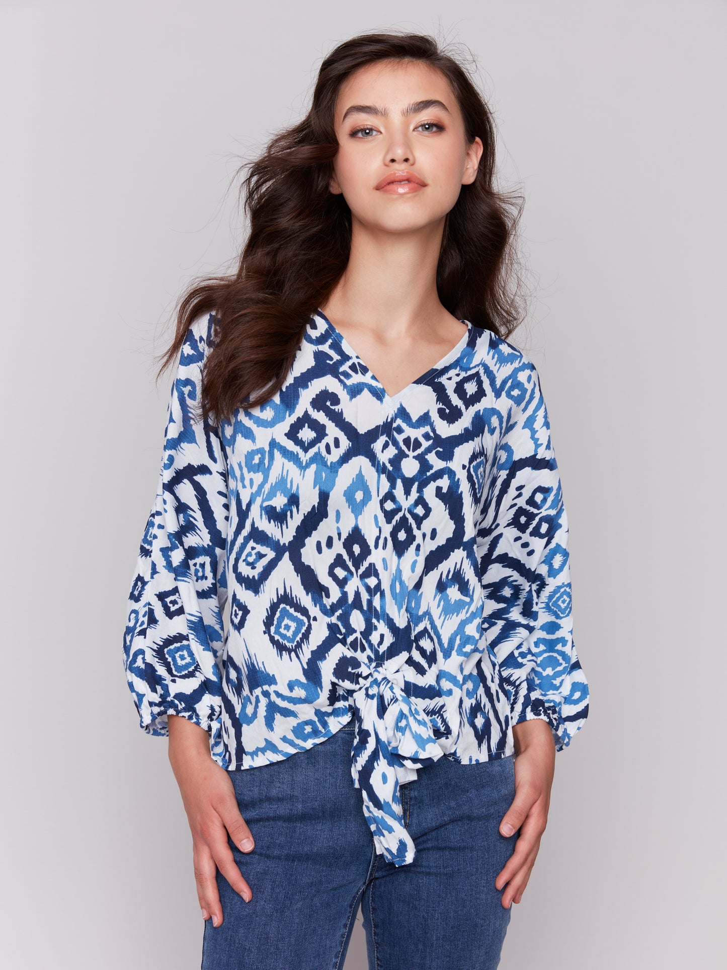 Charlie B Spring/Summer 2025-C4579P-P630-Printed Bat Sleeves Popover Blouse W/Front Ties-Ikat - The Coach Pyramids