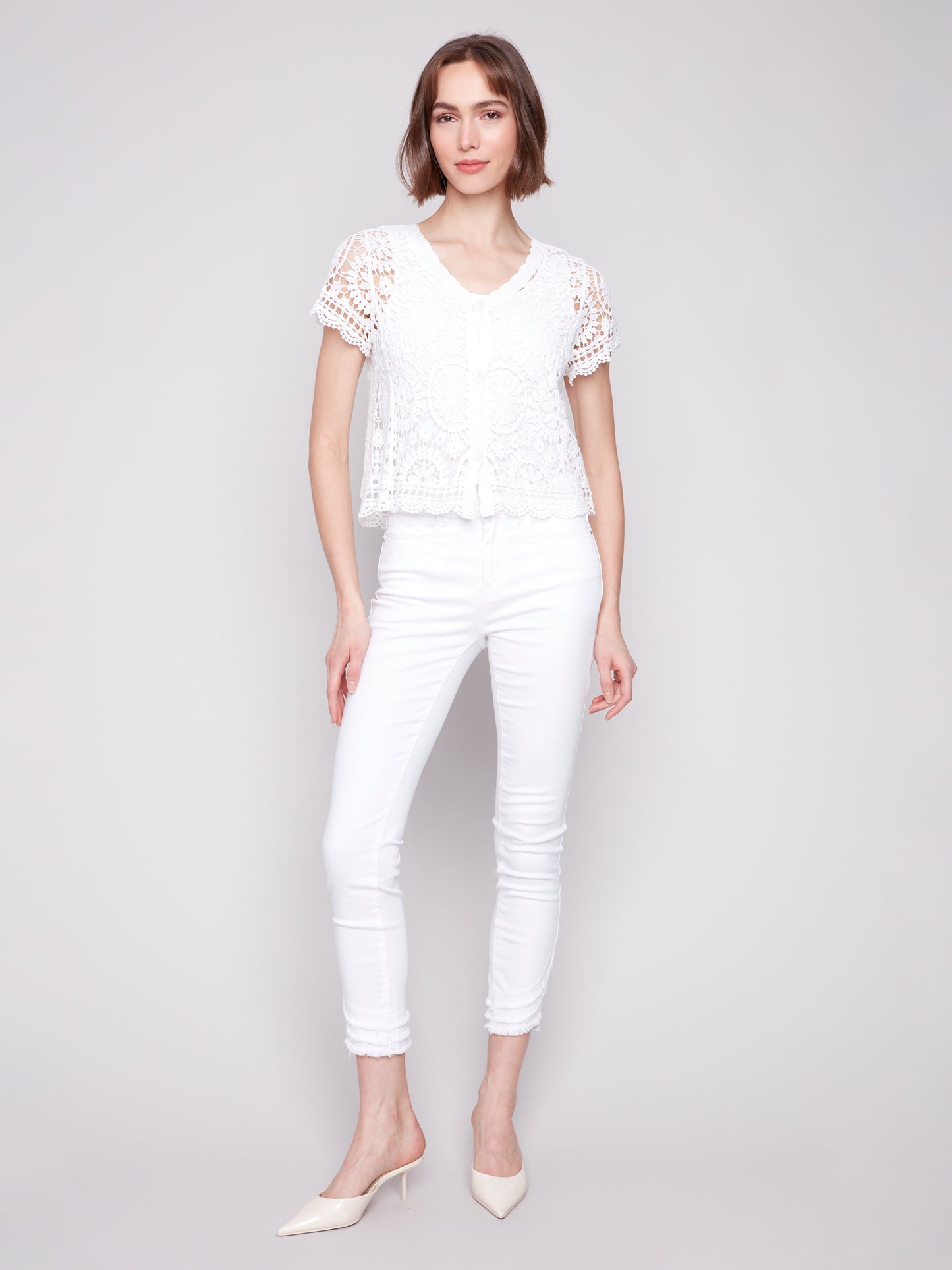 Charlie B Spring/Summer 2025-C4584-002-Short Sleeve Crochet Bolero-White - The Coach Pyramids