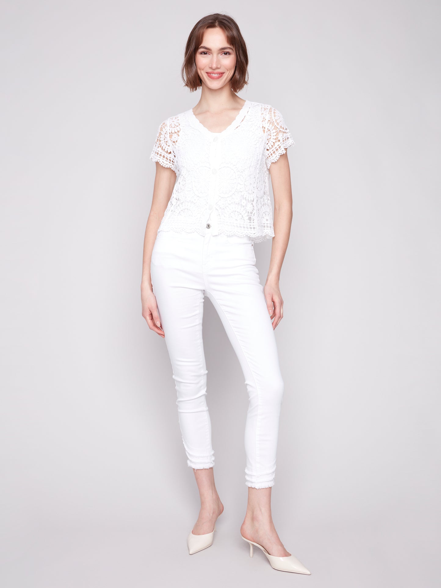 Charlie B Spring/Summer 2025-C4584-002-Short Sleeve Crochet Bolero-White - The Coach Pyramids
