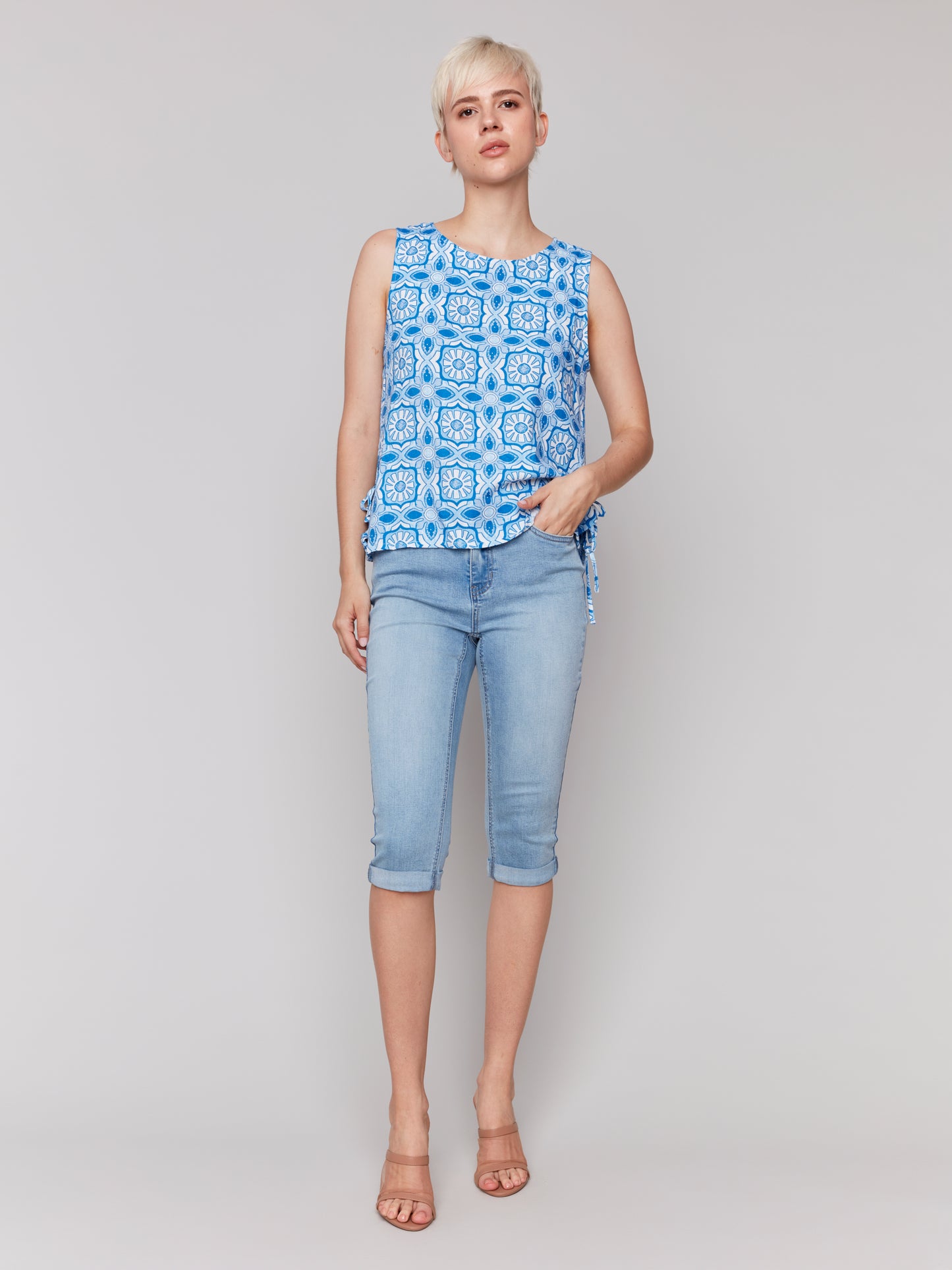 Charlie B Spring/Summer 2025-C4592-P832-Printed Sleeveless Tank Top W/Side Ties-Illusion - The Coach Pyramids