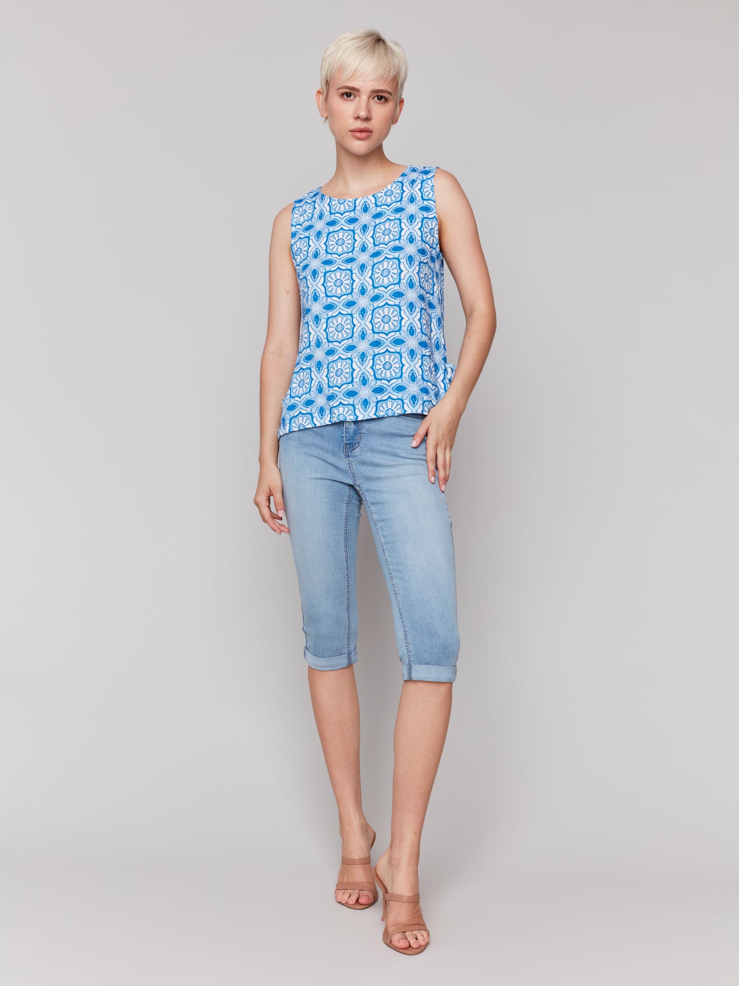 Charlie B Spring/Summer 2025-C4592-P832-Printed Sleeveless Tank Top W/Side Ties-Illusion - The Coach Pyramids