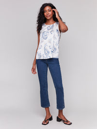 Charlie B Spring/Summer 2025-C4599-P211-Printed Sleeveless Top W/Keyhole At Center Back Neck-Ivory - The Coach Pyramids