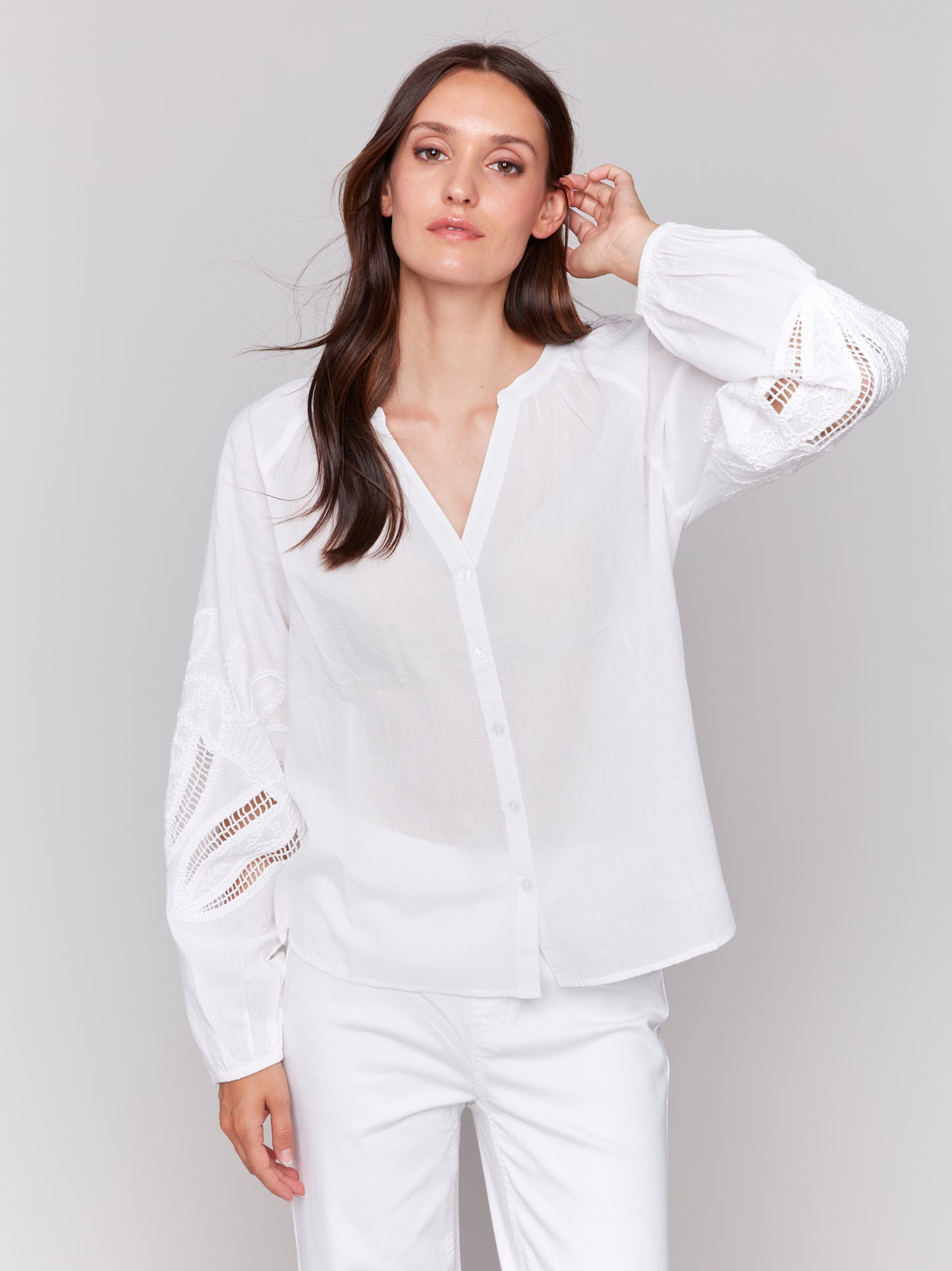 Charlie B Spring/Summer 2025-C4600E-002-Raglan Long Sleeves Blouse W/Embroidery-White - The Coach Pyramids