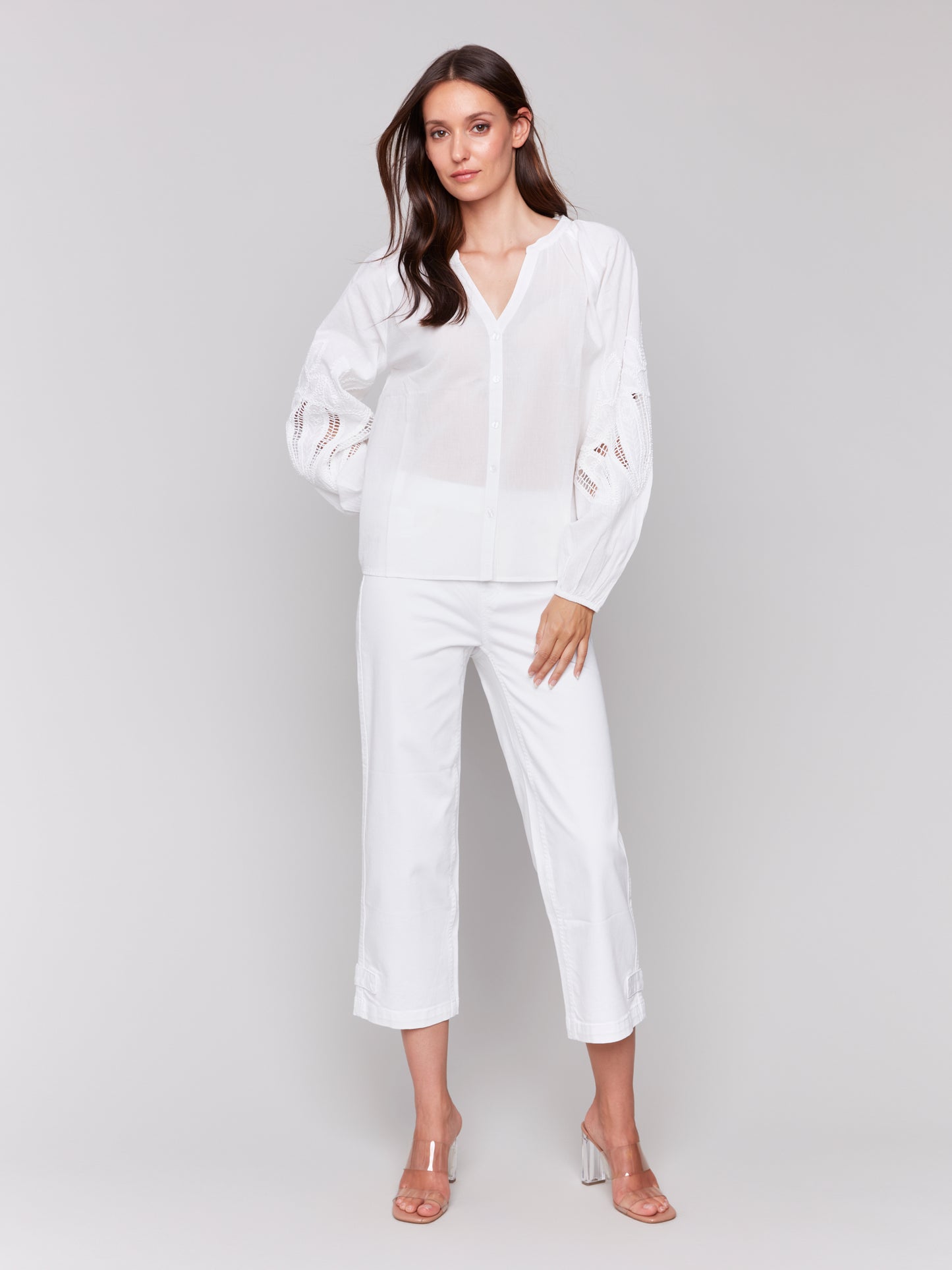Charlie B Spring/Summer 2025-C4600E-002-Raglan Long Sleeves Blouse W/Embroidery-White - The Coach Pyramids