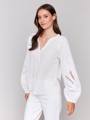 Charlie B Spring/Summer 2025-C4600E-002-Raglan Long Sleeves Blouse W/Embroidery-White