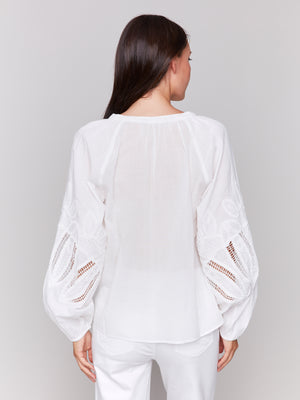 Charlie B Spring/Summer 2025-C4600E-002-Raglan Long Sleeves Blouse W/Embroidery-White