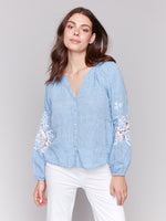 Charlie B Spring/Summer 2025-C4600E-P489-Raglan Long Sleeves Blouse W/Embroidery-Chambray