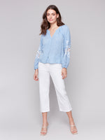 Charlie B Spring/Summer 2025-C4600E-P489-Raglan Long Sleeves Blouse W/Embroidery-Chambray