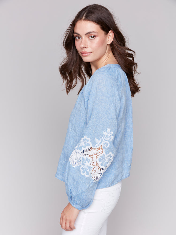 Charlie B Spring/Summer 2025-C4600E-P489-Raglan Long Sleeves Blouse W/Embroidery-Chambray