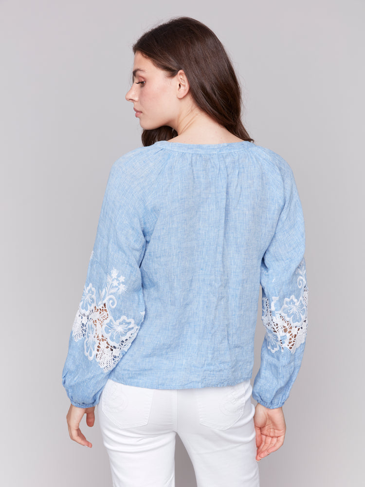 Charlie B Spring/Summer 2025-C4600E-P489-Raglan Long Sleeves Blouse W/Embroidery-Chambray