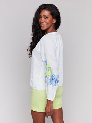 Charlie B Spring/Summer 2025-C4600E-P489-Raglan Long Sleeves Blouse W/Embroidery-Anise