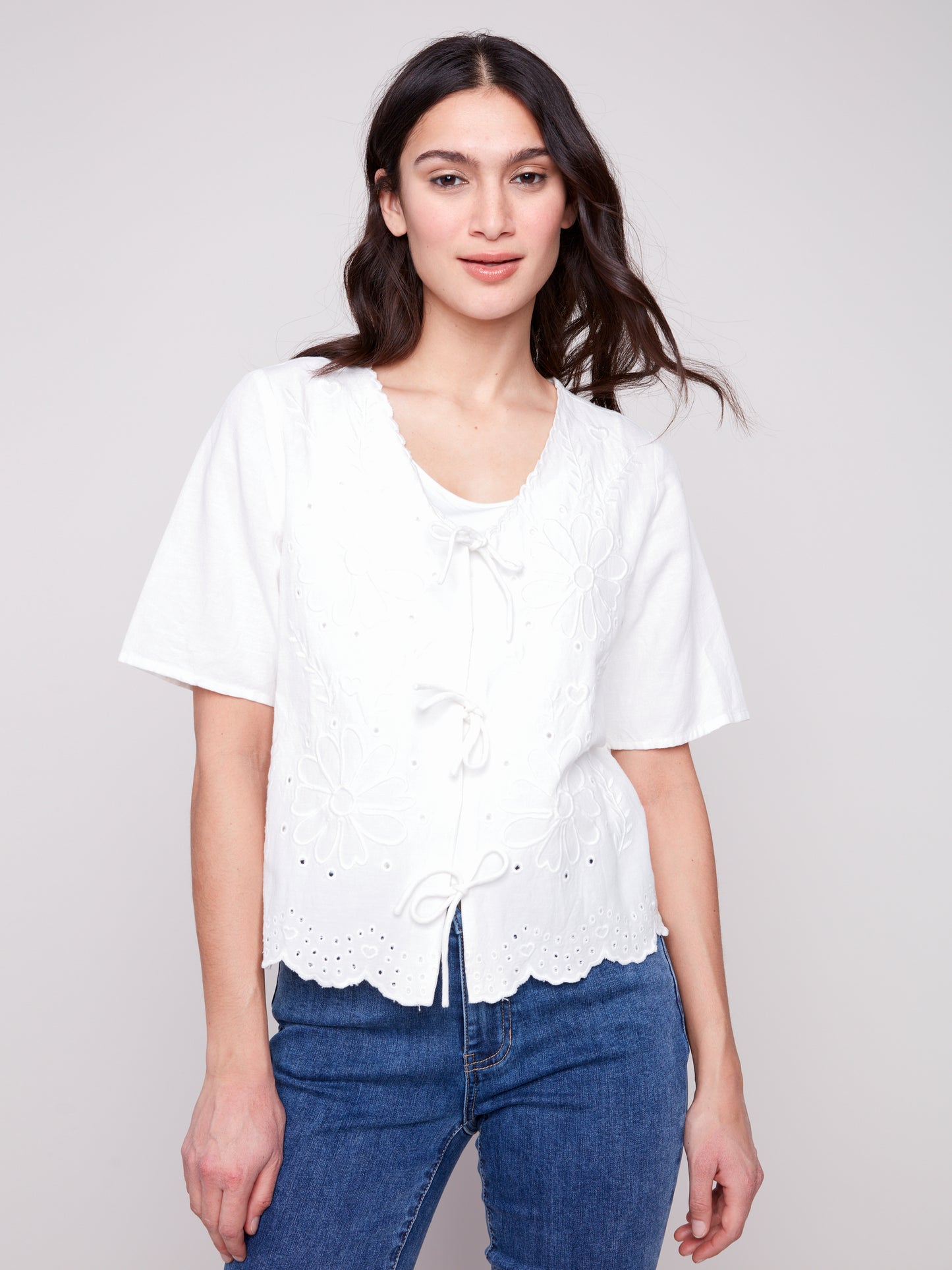 Charlie B Spring/Summer 2025-C4601E-002-Elbow Sleeve V Neck Blouse-White - The Coach Pyramids