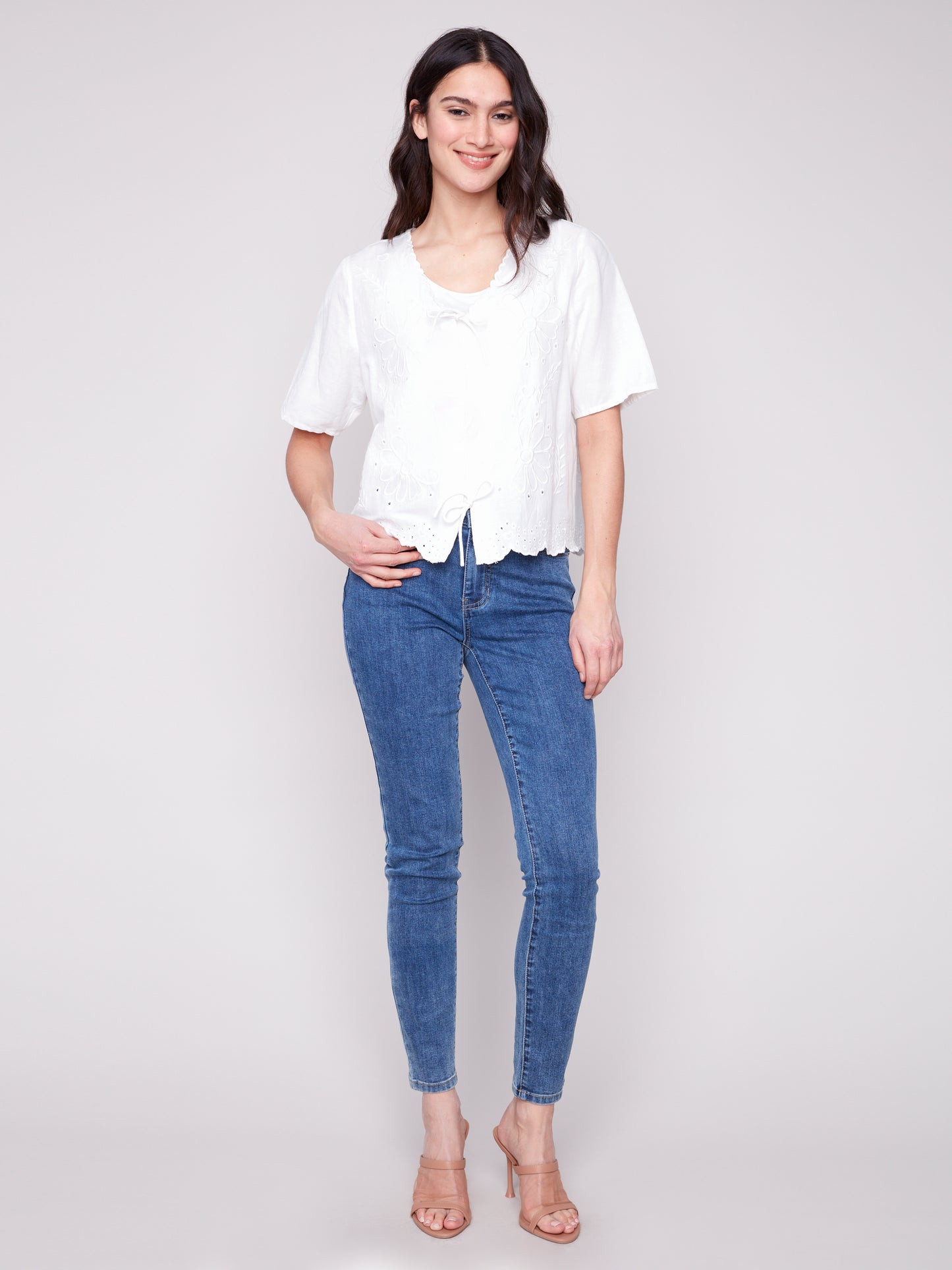 Charlie B Spring/Summer 2025-C4601E-002-Elbow Sleeve V Neck Blouse-White - The Coach Pyramids