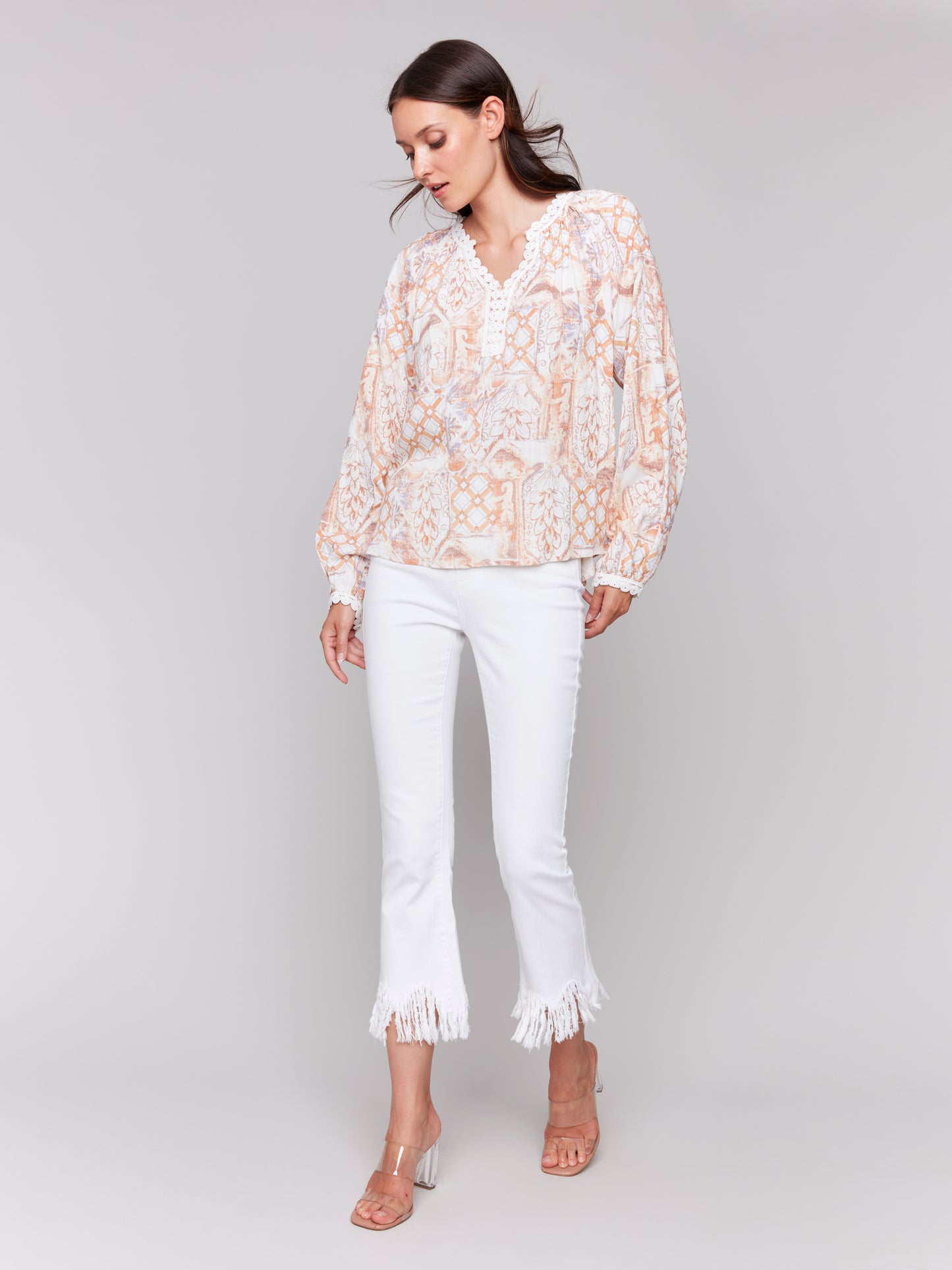 Charlie B Spring/Summer 2025-C4602-P378-Printed Long Raglan Sleeves Blouse-Papaya - The Coach Pyramids