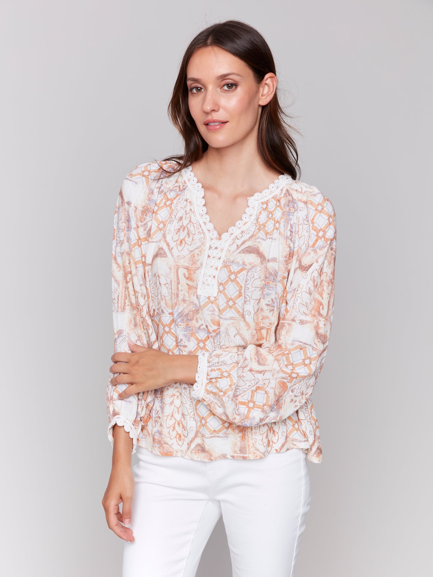 Charlie B Spring/Summer 2025-C4602-P378-Printed Long Raglan Sleeves Blouse-Papaya - The Coach Pyramids
