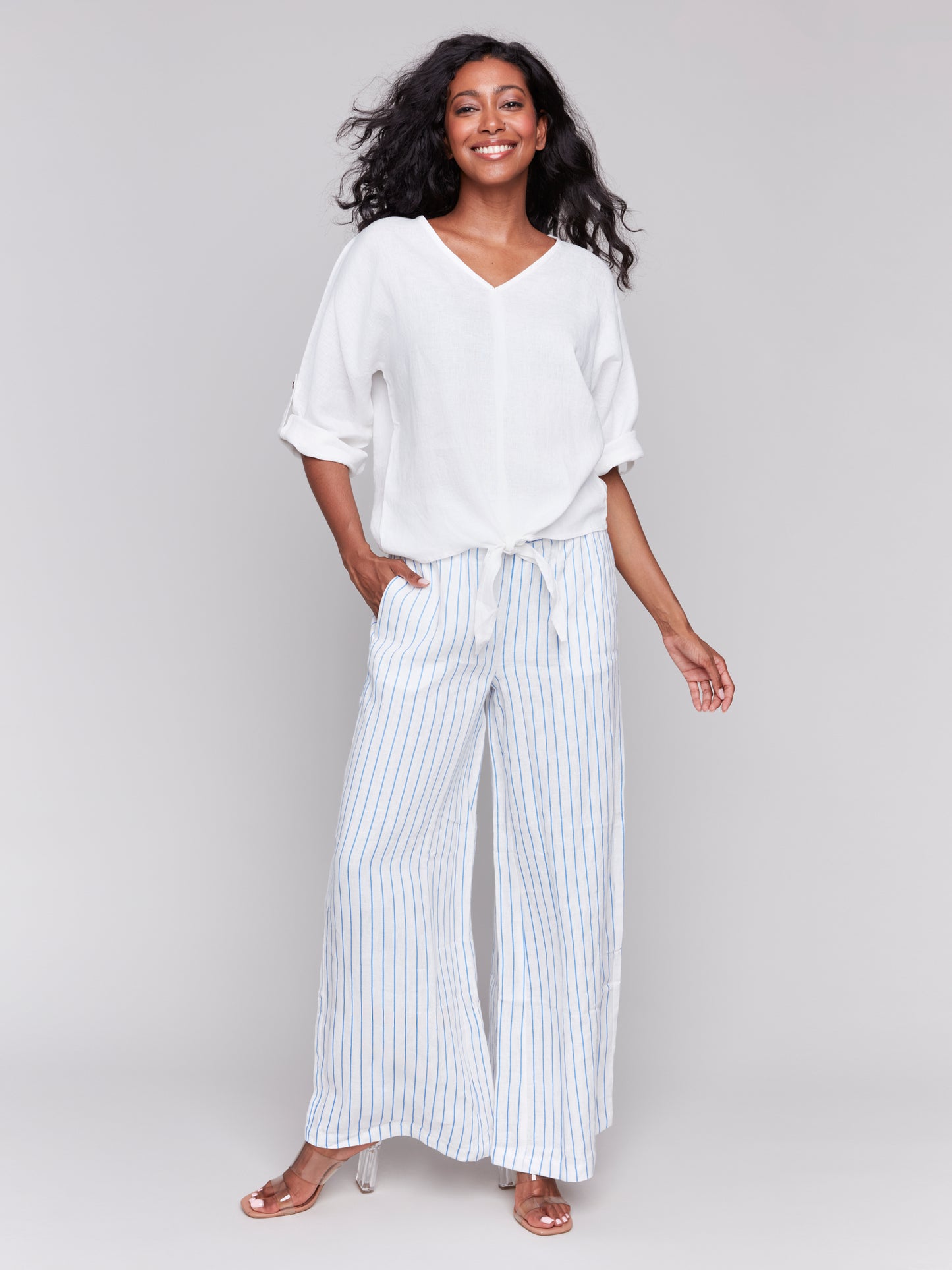 Charlie B Spring/Summer 2025-C4603-002-3/4 Roll Up Sleeve W/Front Tie-White - The Coach Pyramids