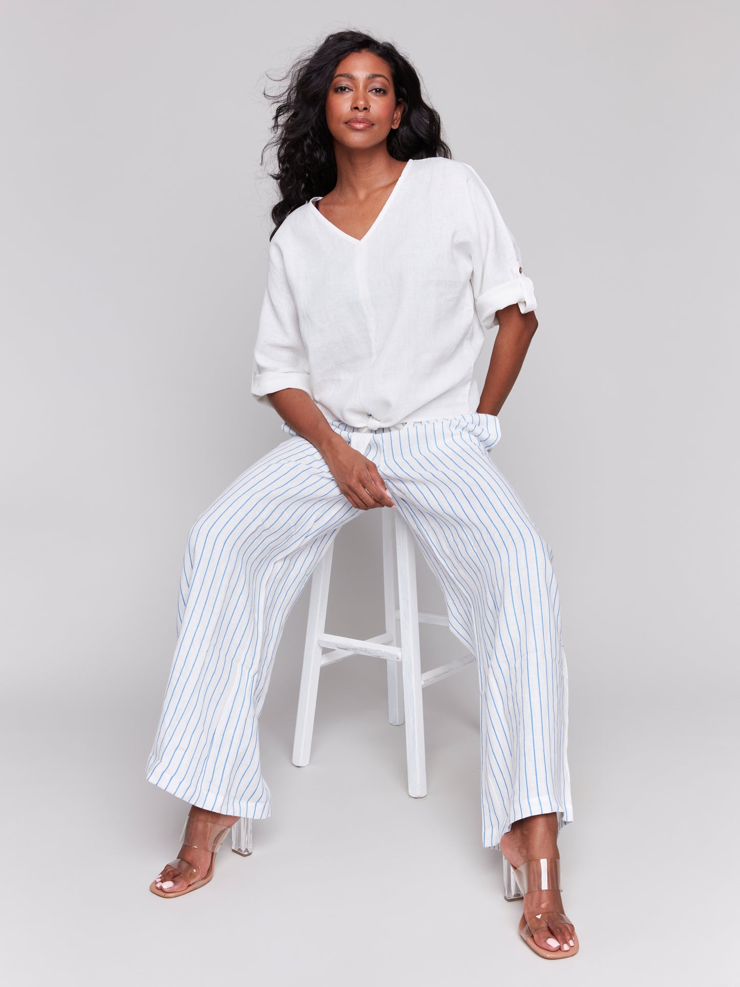 Charlie B Spring/Summer 2025-C4603-002-3/4 Roll Up Sleeve W/Front Tie-White - The Coach Pyramids