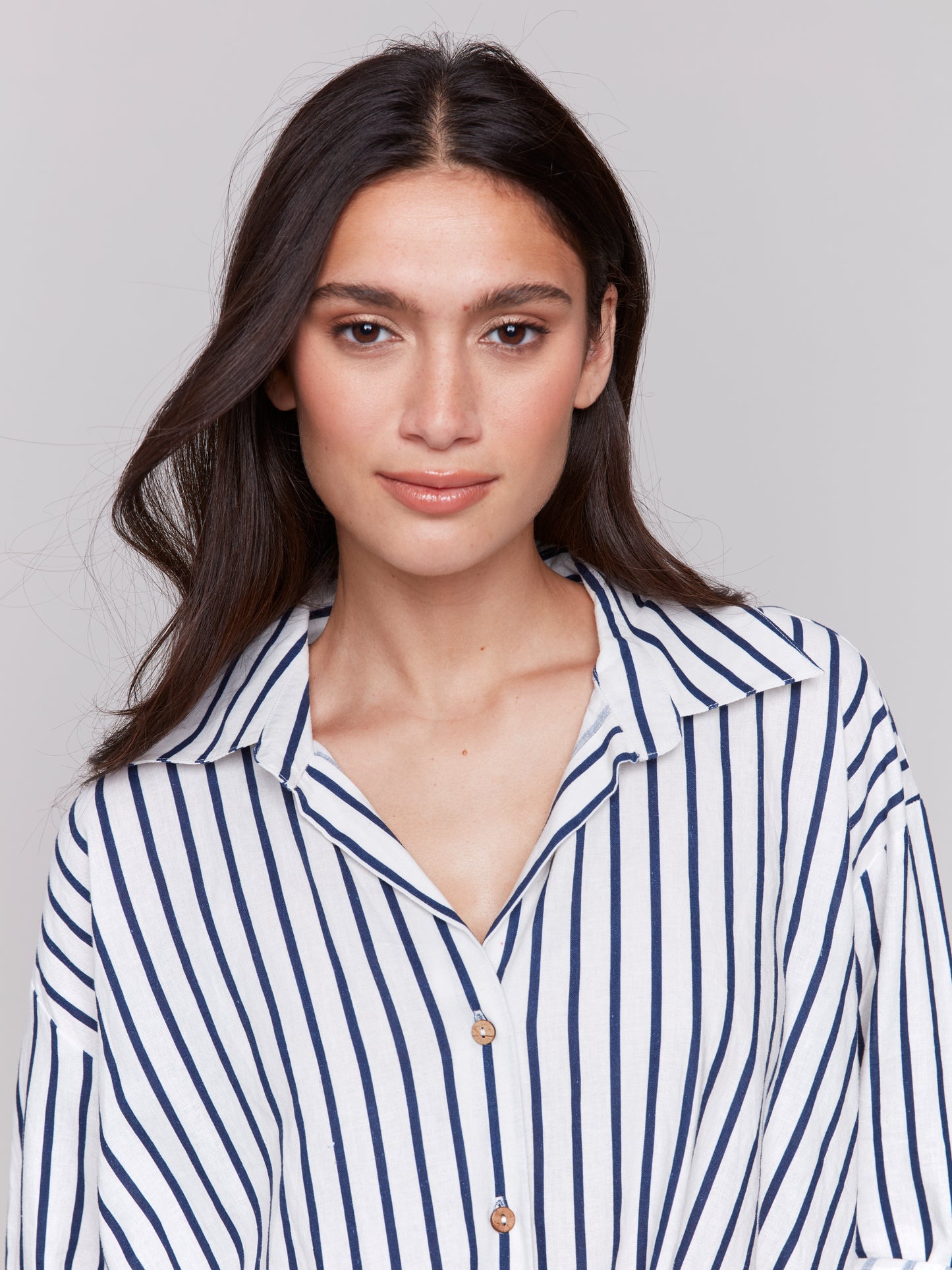 Charlie B Spring/Summer 2025-C4604-P474-Striped Roll Up Long Sleeves Blouse W/Front Twist-Stripes - The Coach Pyramids