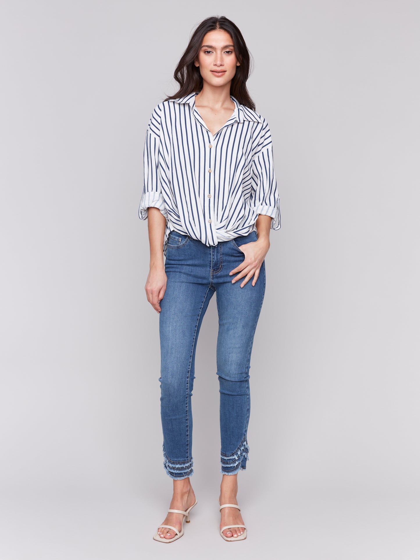 Charlie B Spring/Summer 2025-C4604-P474-Striped Roll Up Long Sleeves Blouse W/Front Twist-Stripes - The Coach Pyramids