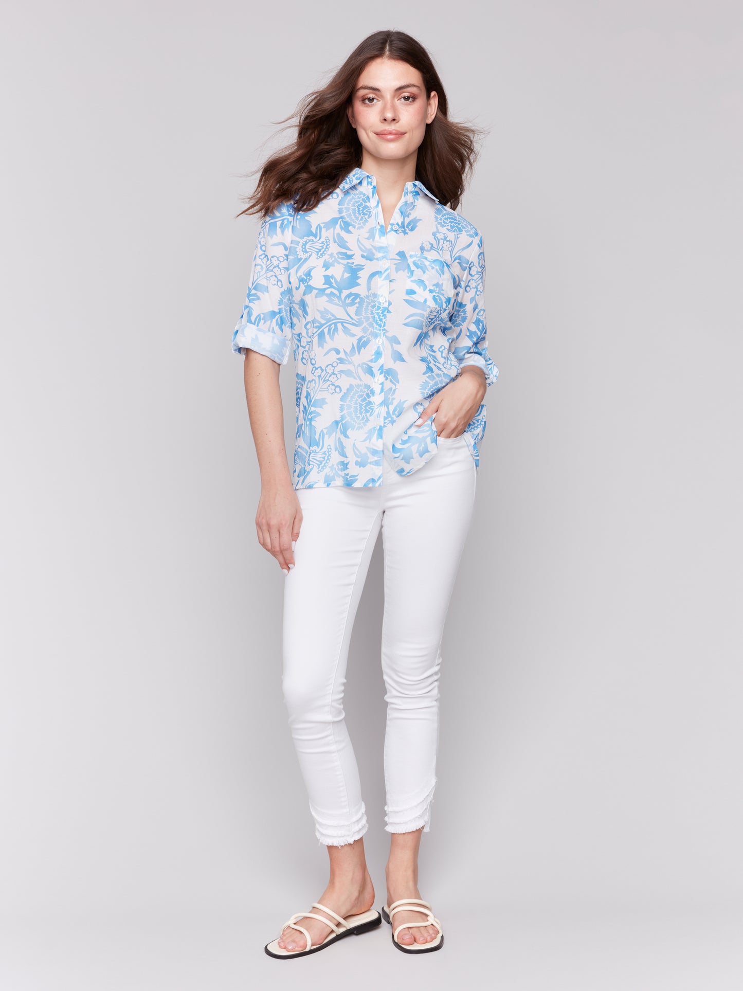 Charlie B Spring/Summer 2025-C4605D-P006-Digital Printed Roll Up Sleeves Blouse-Denim - The Coach Pyramids