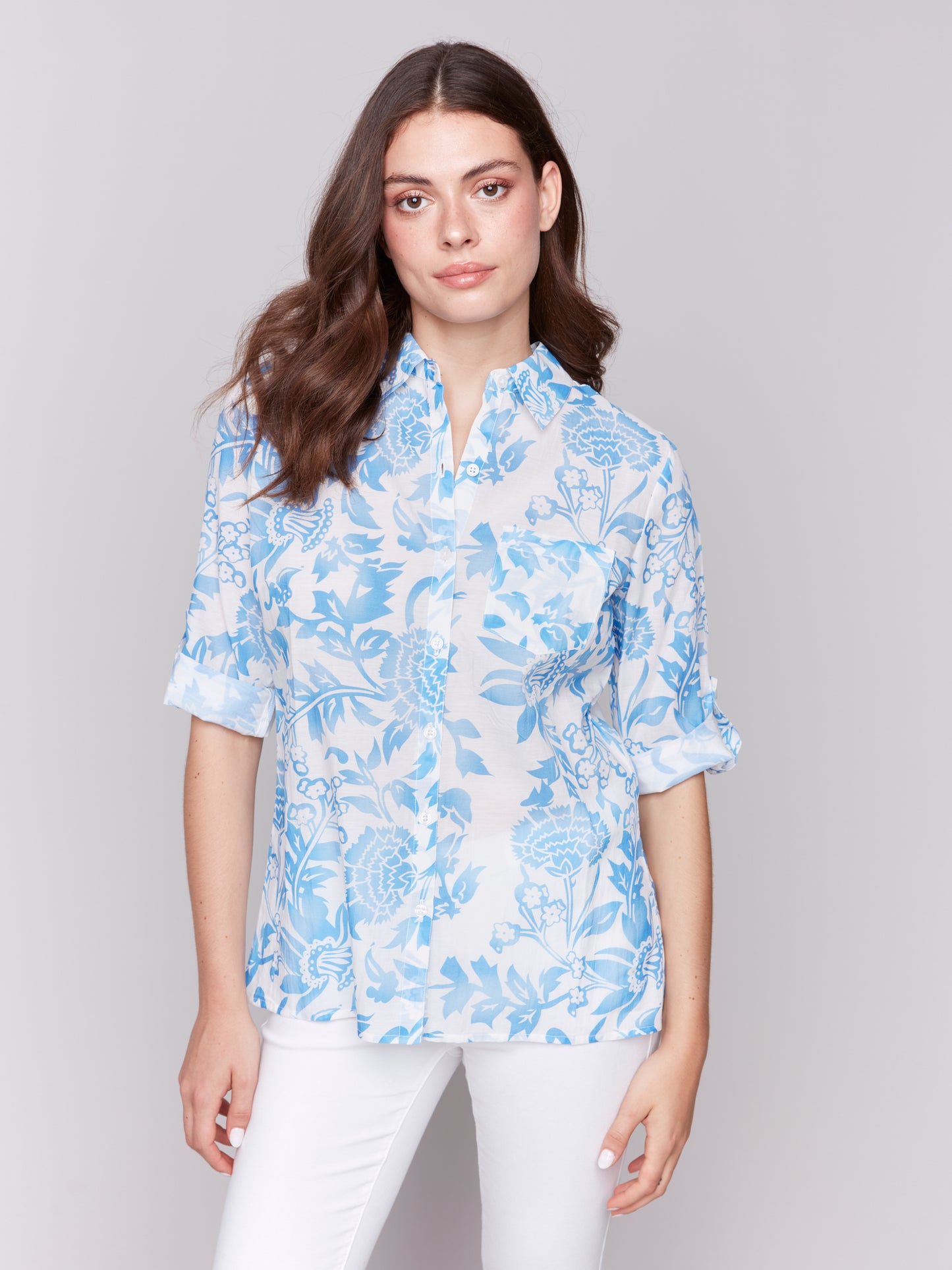 Charlie B Spring/Summer 2025-C4605D-P006-Digital Printed Roll Up Sleeves Blouse-Denim - The Coach Pyramids