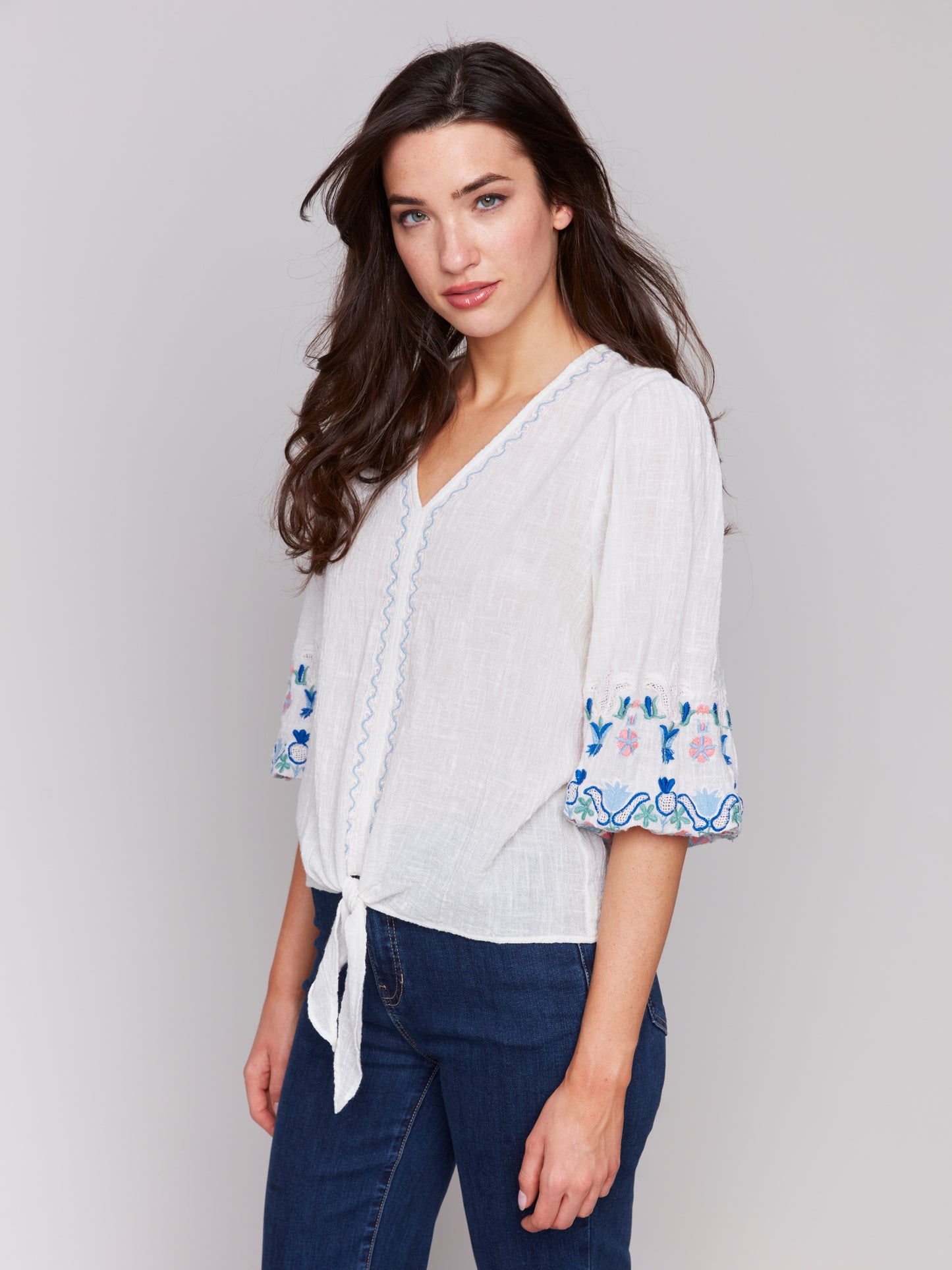 Charlie B Spring/Summer 2025-C4615-002-Embroidered 3/4 Sleeves Blouse W/Front Ties -White - The Coach Pyramids
