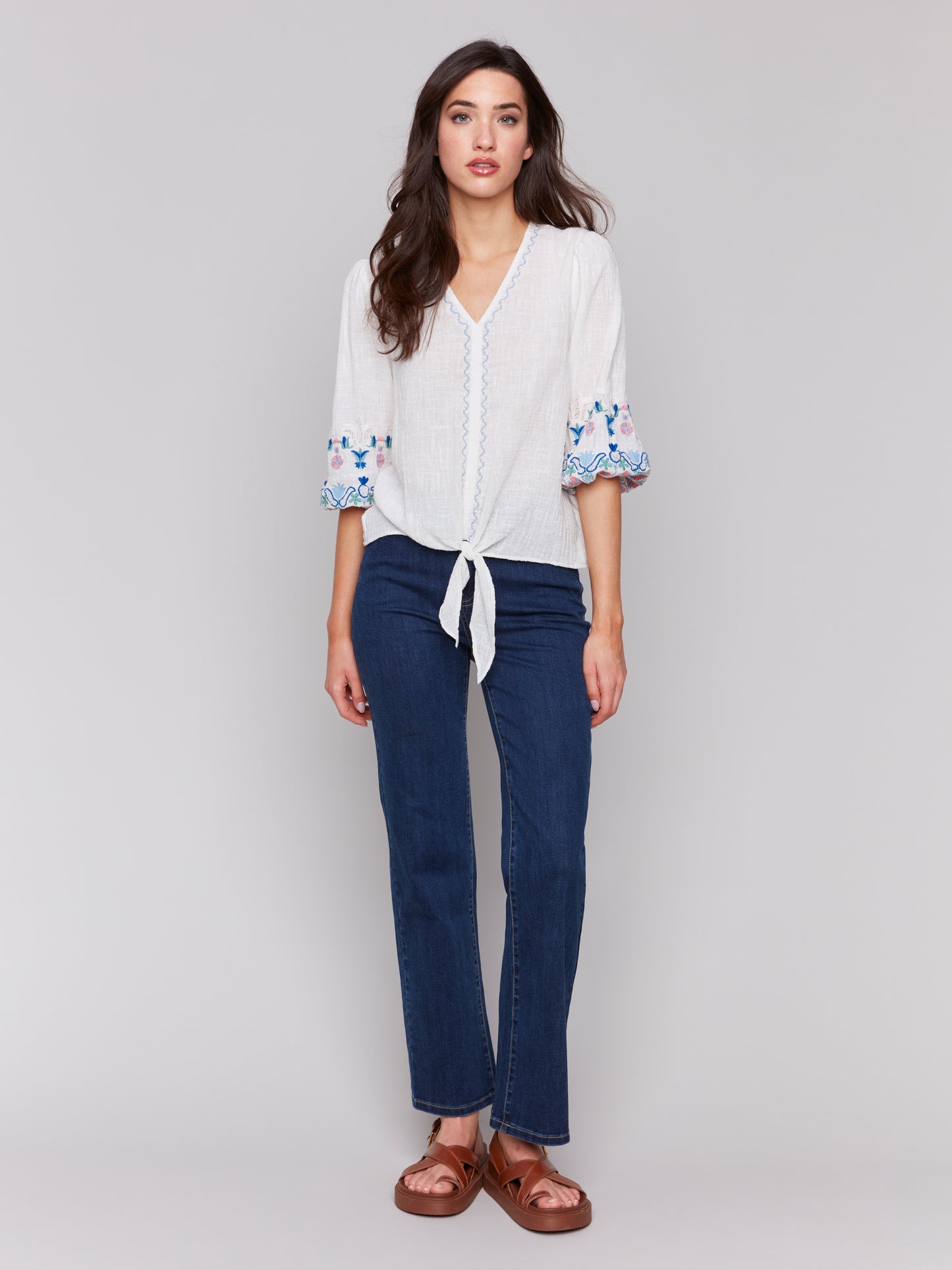 Charlie B Spring/Summer 2025-C4615-002-Embroidered 3/4 Sleeves Blouse W/Front Ties -White - The Coach Pyramids