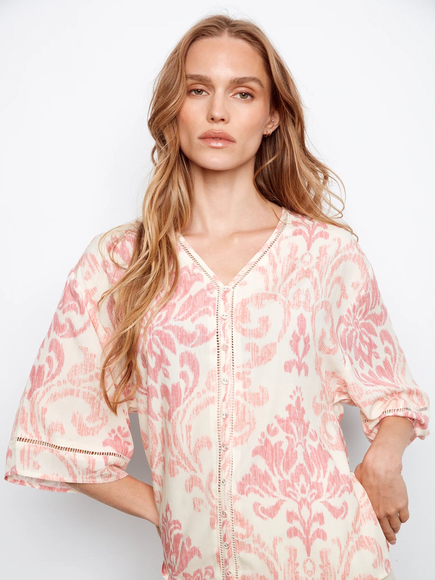 Charlie B-C4616RR-P228-Wide Elbow Sleeve V Neck Blouse-Evelyn - The Coach Pyramids