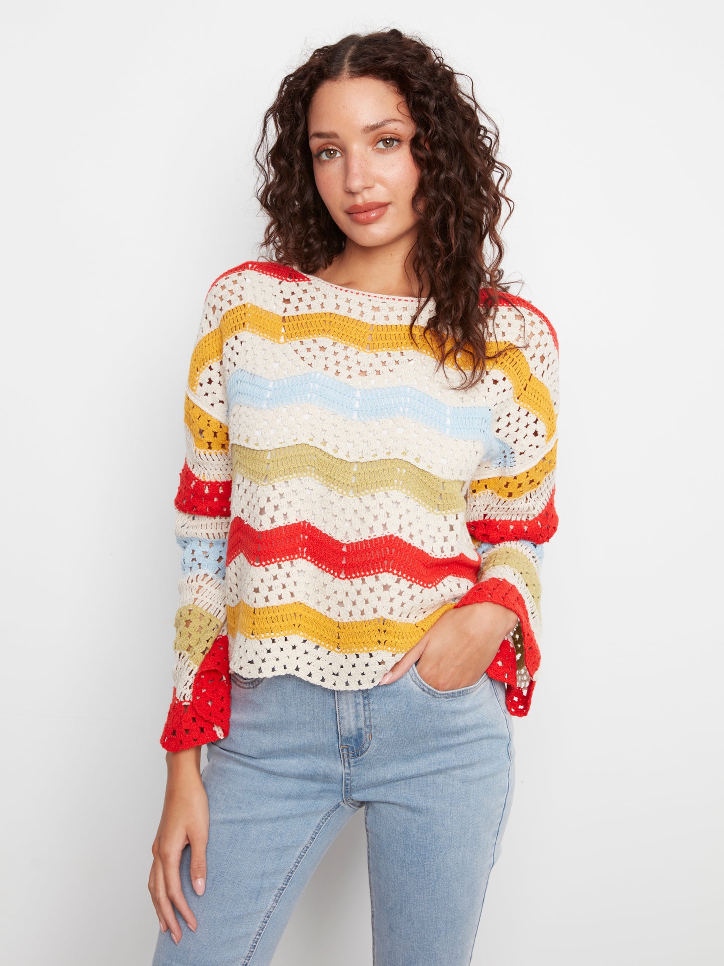 Charlie B-C4674-P386-Long Sleeve Crochet Top-Sunshine - The Coach Pyramids