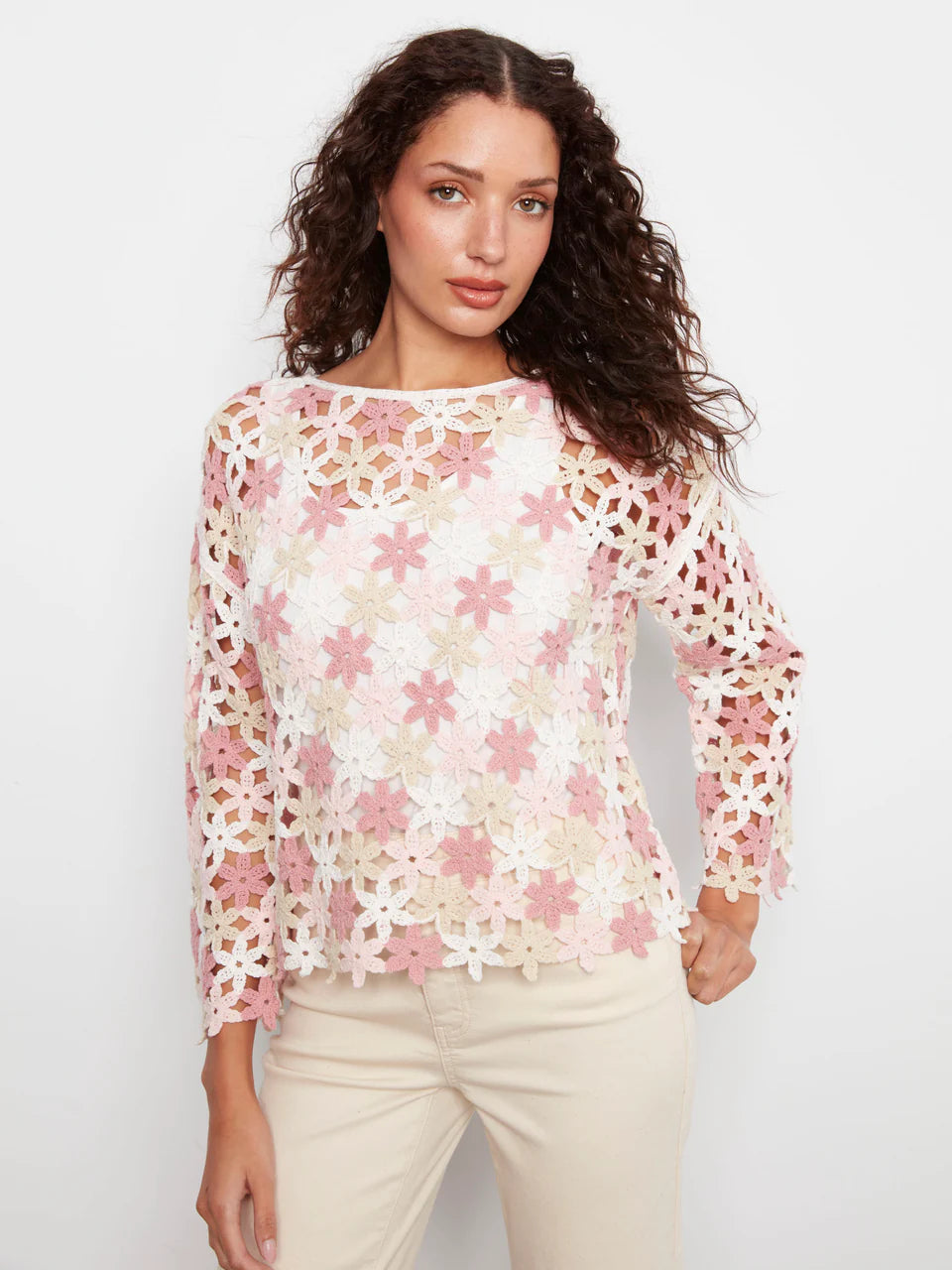 Charlie B-C4706-P010-Crochet Flower Blouse-Carnation - The Coach Pyramids