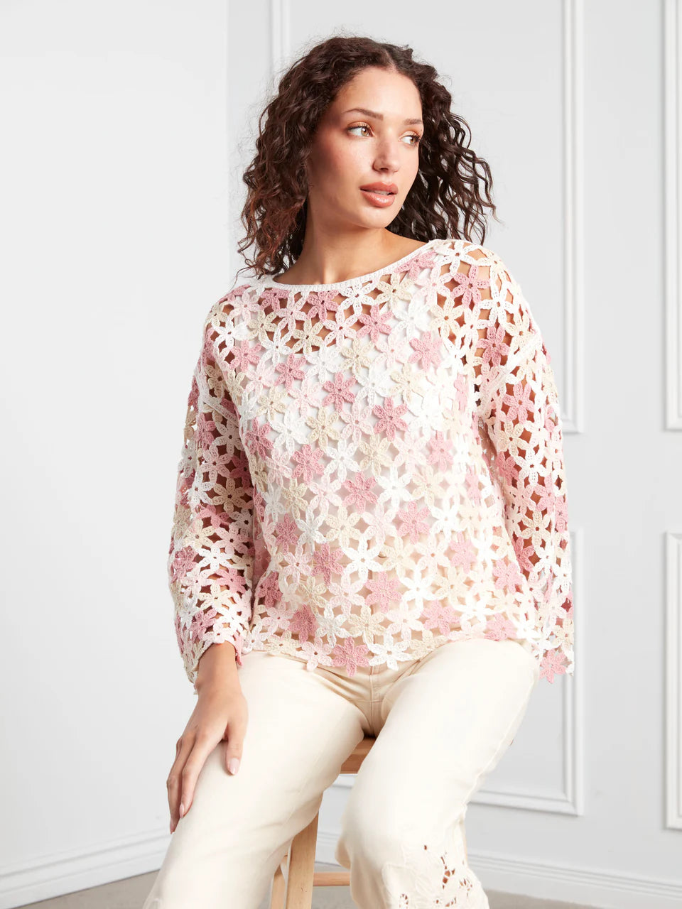 Charlie B-C4706-P010-Crochet Flower Blouse-Carnation - The Coach Pyramids