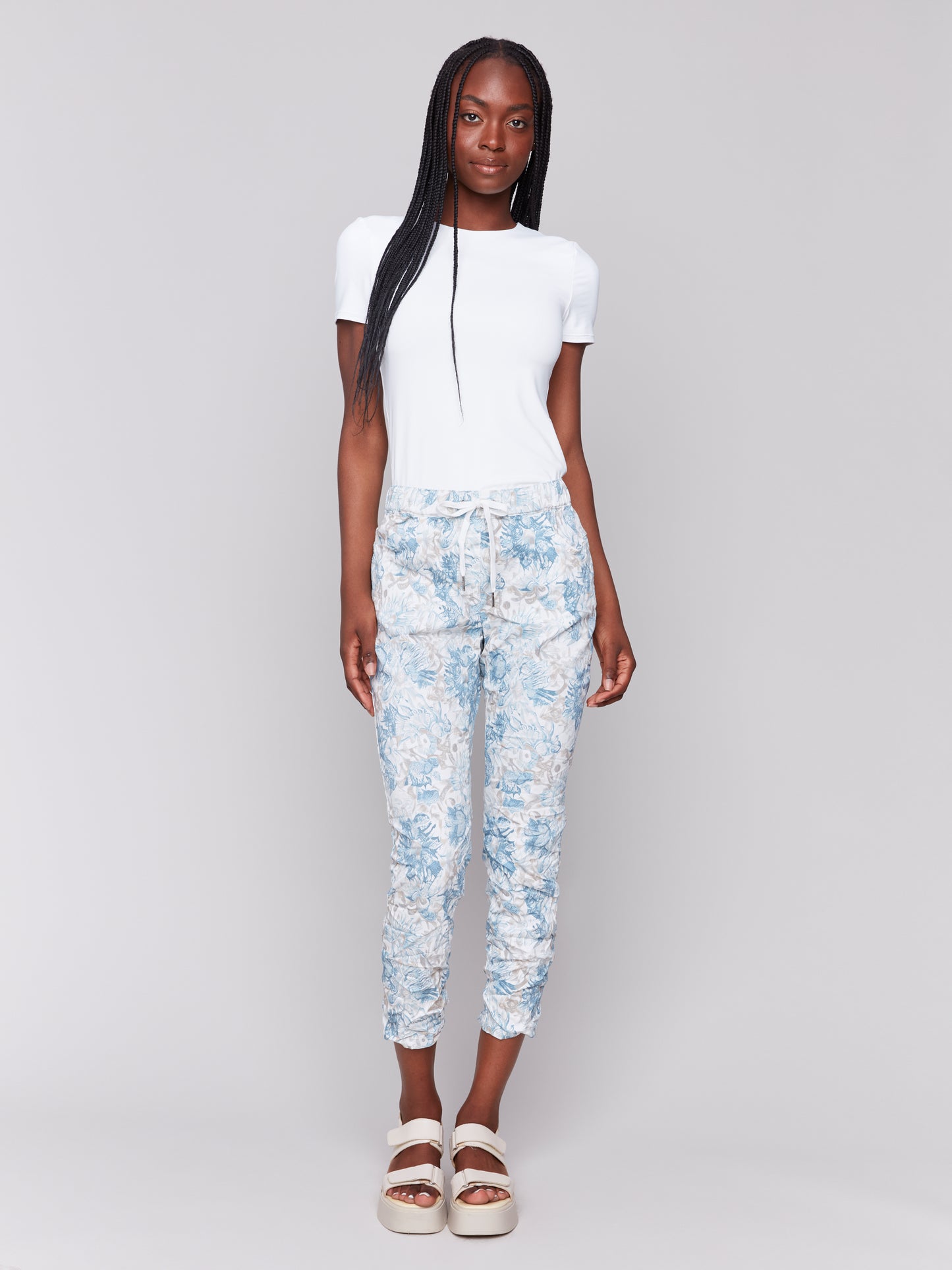 Charlie B Spring/Summer 2025-C5219T-P392-Printed Crinkle Bengaline Jogger Pant-Coastal - The Coach Pyramids
