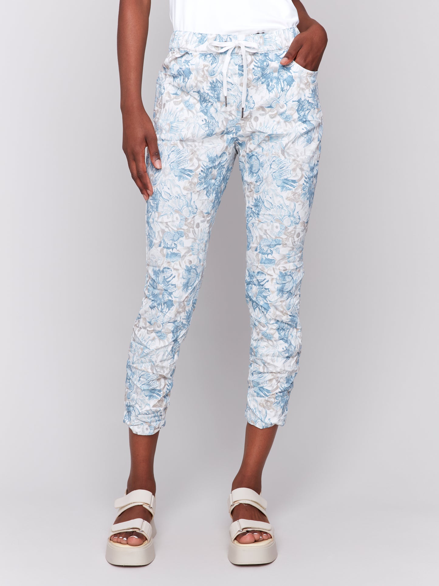 Charlie B Spring/Summer 2025-C5219T-P392-Printed Crinkle Bengaline Jogger Pant-Coastal - The Coach Pyramids