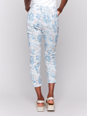 Charlie B Spring/Summer 2025-C5219T-P392-Printed Crinkle Bengaline Jogger Pant-Coastal