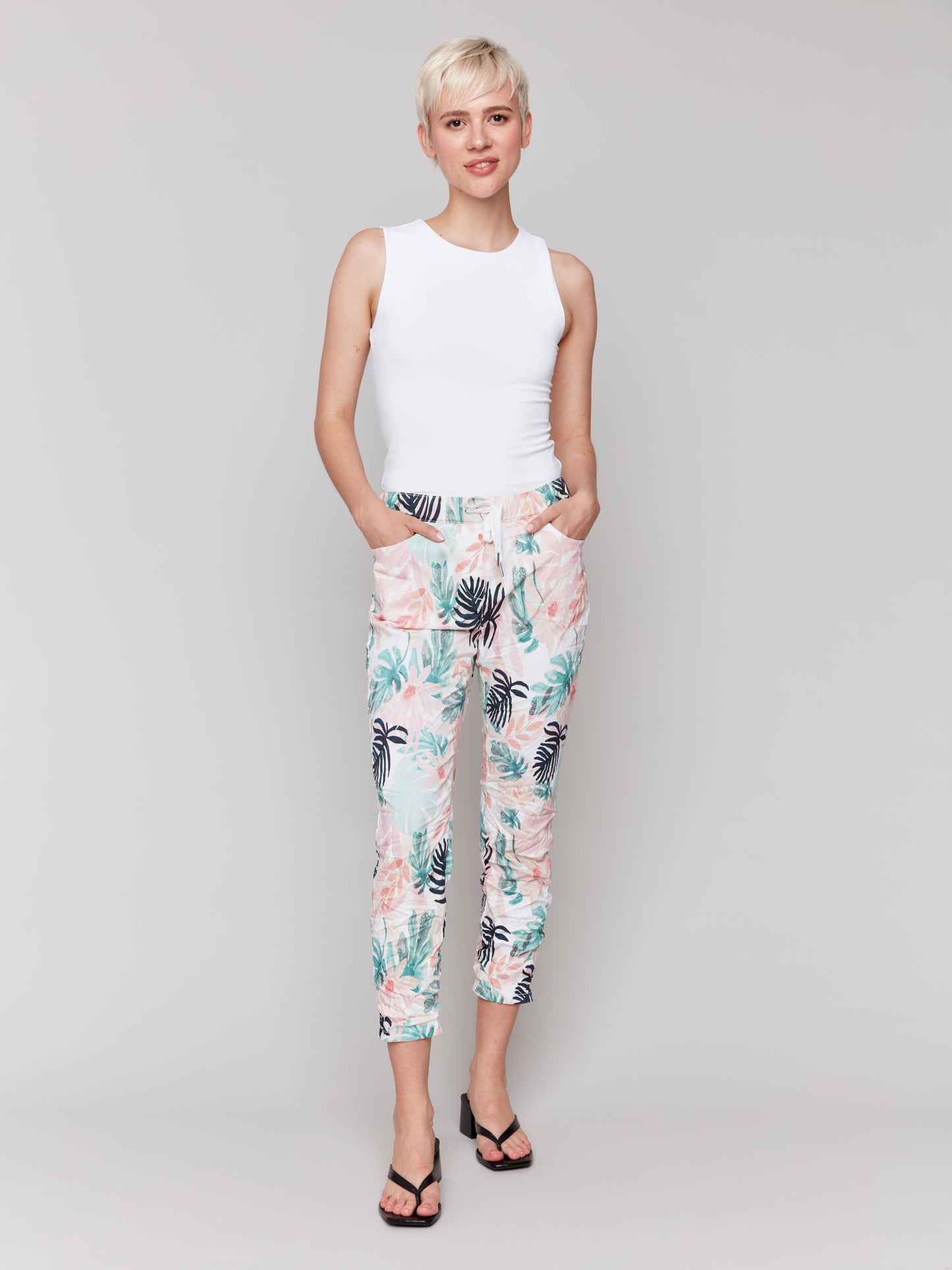 Charlie B Spring/Summer 2025-C5219T-P830-Printed Crinkle Bengaline Jogger Pant -Lush - The Coach Pyramids