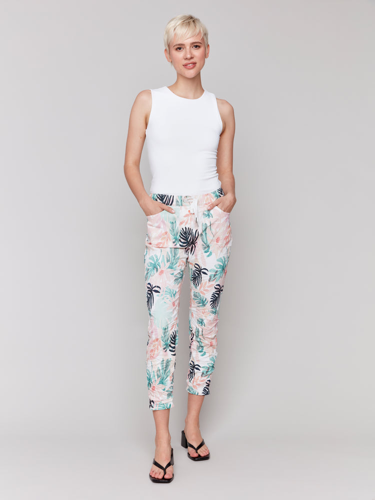 Charlie B Spring/Summer 2025-C5219T-P830-Printed Crinkle Bengaline Jogger Pant -Lush