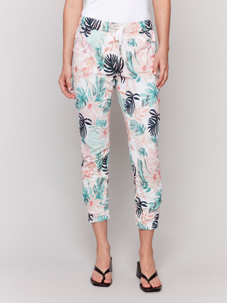 Charlie B Spring/Summer 2025-C5219T-P830-Printed Crinkle Bengaline Jogger Pant -Lush