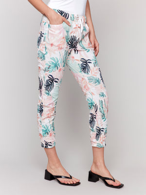 Charlie B Spring/Summer 2025-C5219T-P830-Printed Crinkle Bengaline Jogger Pant -Lush